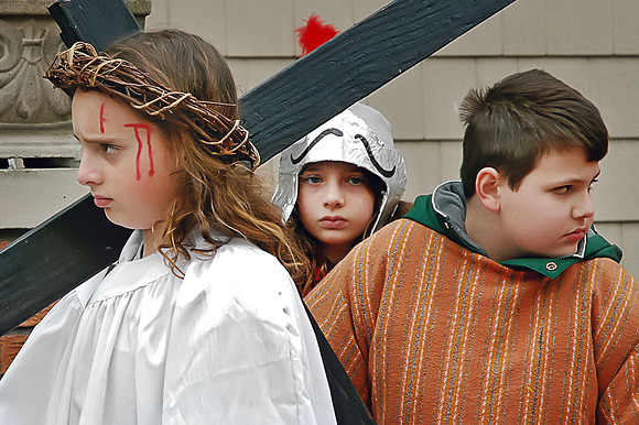 Stations of the Cross (Roman Soldier eye contact)  Ainslie Street, April 2009