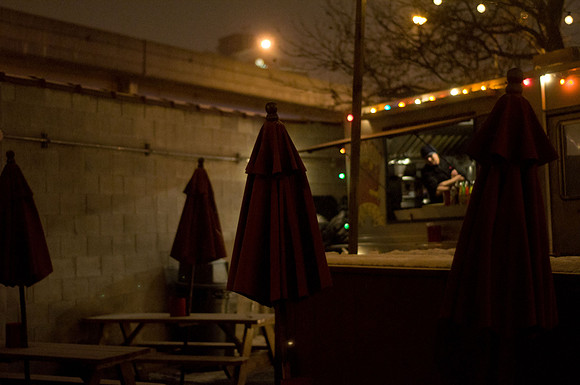 The Taco-Seller in winter with view of the BQE - backyard of Union Pool, January 2011